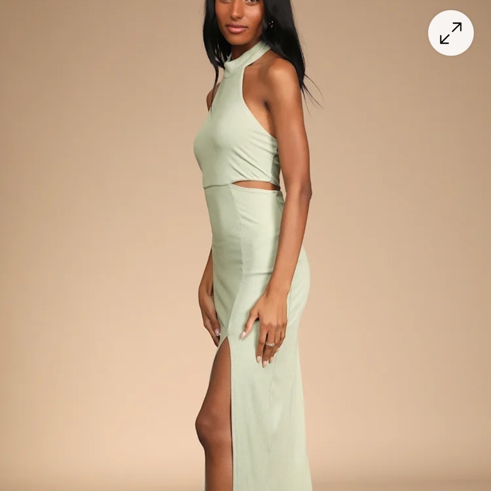 Lulus Modern Mode Sage Green Ribbed Cutout Halter Midi Dress Size NWT XL - Picture 2 of 7